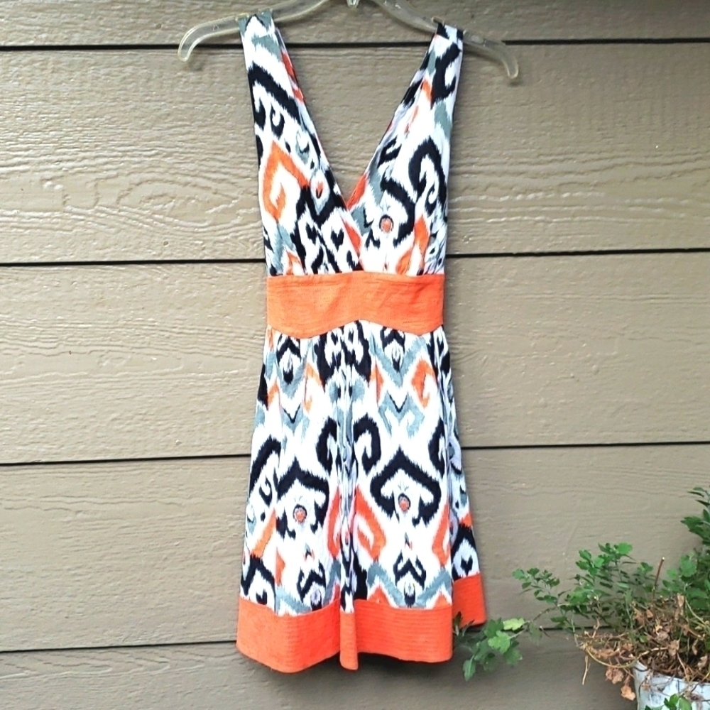 Bebe Cross X Back Mini Dress Black white orange gray Ikat S